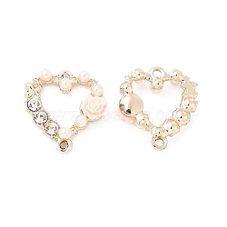 Alloy Crystal Rhinestone Connector Charms, Light Gold, with Resin, Heart Links with Flower, Pink, 20.5x19x5mm, Hole: 1.6mm(X-PALLOY-E014-04LG-01)