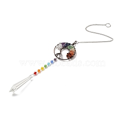 Chakra Theme Gemstone Pendant Decoration, Hanging Suncatcher, with Brass Rings, Flat Round Alloy Frame and Iron Findings, Bullet, Colorful, 435x2mm, Hole: 10mm(AJEW-P098-17P)