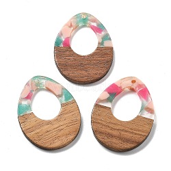 Resin and Walnut Pendants, Teardrop, Pink, 37.5x28x3mm, Hole: 2mm(FIND-R051-10E)