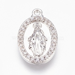 Brass Pendants, with Cubic Zirconia, Lead Free & Cadmium Free & Nickel Free, Long-Lasting Plated, Oval with Virgin Mary, Clear, Platinum, 21.5x13x3mm, Hole: 1.2mm(KK-P150-09P-04)