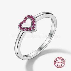 Rhodium Plated Platinum 925 Sterling Silver Finger Rings, Heart, Deep Pink, Inner Diameter: 17mm(OU3047-5)