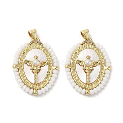 Brass Pave Shell Pendants, Oval Charms with Glass Beads Wrapped and ABS Imitation Pearl Beads, Real 18K Gold Plated, White, 31~32x23.5x4.5mm, Hole: 3.5x4.5mm(KK-I708-01A-G)