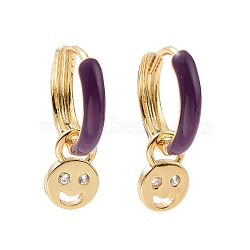 Clear Cubic Zirconia Smiling Face Dangle Hoop Earrings with Enamel, Rack Plating Brass Jewelry for Women, Cadmium Free & Lead Free, Real 18K Gold Plated, 19.5mm, Pin: 0.7mm(EJEW-C030-13G)