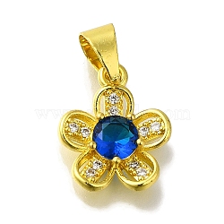 Flower Rack Plating Brass Micro Pave Cubic Zirconia Pendant, with Glass Rhinestone, Lead Free & Cadmium Free, Long-Lasting Plated, Golden, Dark Blue, 15x12x4mm, Hole: 5x4mm(KK-H485-01G-01)