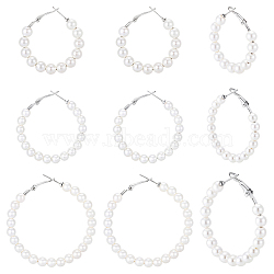 6 Pairs 3 Styles Plastic Imitation Pearl Beaded Hoop Earrings, with Iron Pins, Platinum, 35.5~56x34~54x6mm, 2 pairs/style(EJEW-SP0001-20P)