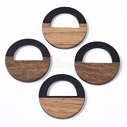 Resin & Walnut Wood Pendants, Opaque, Waxed, Flat Round Shaped Bag, Black, 28x3mm, Hole: 10x17mm(RESI-T035-15A)