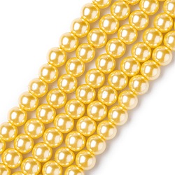 Eco-Friendly Grade A Glass Pearl Beads, Pearlized, Round, Gold, 6mm, Hole: 1.2~1.5mm, about 68pcs/Strand, 16''(40.64cm)(HY-J002-6mm-HX055)