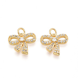 Brass Micro Pave Cubic Zirconia Charms, Bowknot, with Jump Ring, Real 18K Gold Plated, 13x15x3mm, Hole: 3.5mm(KK-N257-42G)