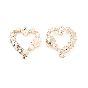 Alloy Crystal Rhinestone Connector Charms, Light Gold, with Resin, Heart Links with Flower, Pink, 20.5x19x5mm, Hole: 1.6mm