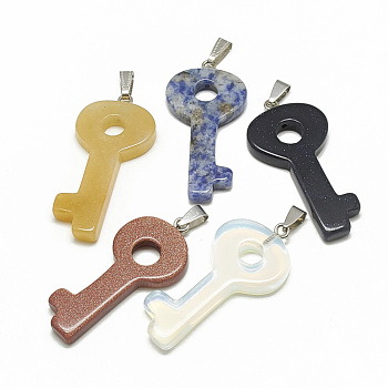 Natural & Synthetic Mixed Stone Big Pendants, with Stainless Steel Snap On Bails, Key, Stainless Steel Color, 53~54x25~26x5~5.5mm, Hole: 10x3.5mm