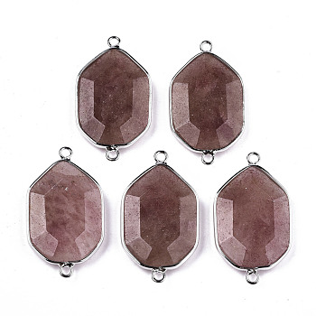 Natural Strawberry Quartz Links Connectors, with Platinum Tone Brass Findings, Faceted Polygon, 40.5x23x6mm, Hole: 2mm