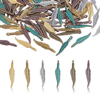 180Pcs 6 Styles Alloy Pendant Feather Pendant DIY Vintage Jewelry Accessories, Mixed Color, 31.3x6.5mm, Hole: 2mm