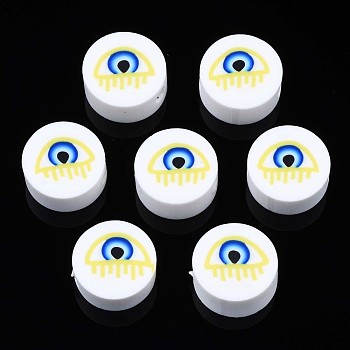 Handmade Polymer Clay Beads, Flat Round with Evil Eye, White, 9.5~10x4.5mm, Hole: 1.6mm