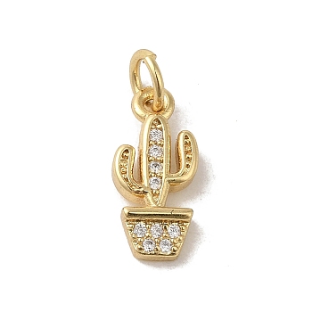 Real 18K Gold Plated Brass Pave Cubic Zirconia Pendants, with Jump Rings, Cactus, Clear, 14x6.5x2.5mm, Hole: 3mm
