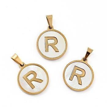 Vacuum Plating 304 Stainless Steel with White Shell Pendants, Golden, Flat Round with Letter Charm, Letter.R, 18x16x1.5mm, Hole: 3x6mm