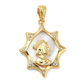 Rack Plating Brass Cubic Zirconia Pendants, with Shell, Cadmium Free & Lead Free, Woman, Real 18K Gold Plated, 31x23.5x4mm, Hole: 5.5x4mm