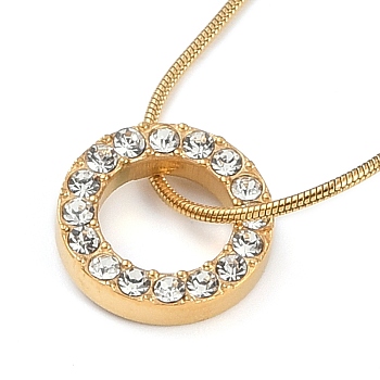 PVD Vacuum Plating 304 Stainless Steel Crystal Rhinestone Round Snake Chain Ring Pendant Necklaces for Women, Golden, 17.72 inch(45cm)