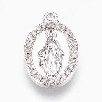 Brass Pendants, with Cubic Zirconia, Lead Free & Cadmium Free & Nickel Free, Long-Lasting Plated, Oval with Virgin Mary, Clear, Platinum, 21.5x13x3mm, Hole: 1.2mm