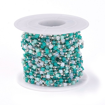 Handmade Glass Beaded Chains, Soldered, with Brass Findings, with Spool, Long-Lasting Plated, Real Platinum Plated, Cube, Dark Cyan, 2.3~2.8x2.3~2.8x2.3~2.8mm, 2mm, about 32.8 Feet(10m)/roll