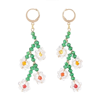 Sparkling Faceted Beaded Flower of Life Dangle Hoop Earrings for Girl Women, Imitation Austrian Crystal Glass Beaded Long Drop Earrings, Golden, Colorful, 73mm, Pin: 0.7mm