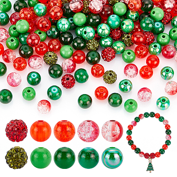 AHADERMAKER DIY Round Beads Jewelry Making Finding Kit for Christmas, Including Acrylic & Glass & Polymer Clay Rhinestone Beads, Mixed Color, 180Pcs/box