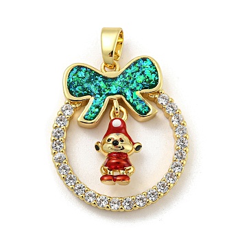 Christmas Brass Micro Pave Cubic Zirconia Pendant, with Enamel and Synthetic Opal, Christmas Wreath, Dark Cyan, 25.5x22.5x5.5mm, Hole: 5x3mm