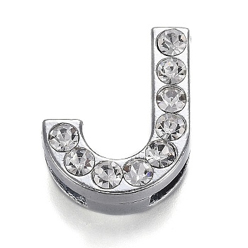 Alloy Letter Slide Charms, with Crystal Rhinestone, Cadmium Free & Lead Free, Platinum, Letter.J, 21x16x7mm, Hole: 3x18.5mm