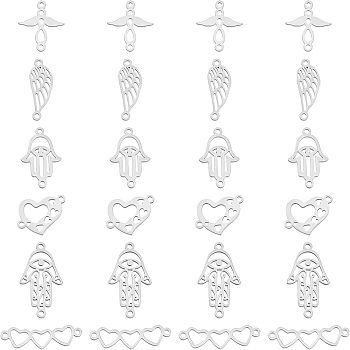 SUPERFINDINGS 24Pcs 6 Style 201 Stainless Steel Links Connectors, Angel & Wing & Heart & Hamsa Hand, Stainless Steel Color, 4pcs/style