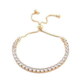 Brass Pave Clear Cubic Zirconia Flat Round Box Chain Slider Bracelets, Nickle Free, Long-Lasting Plated, Golden, 10-1/2 inch(26.6cm)