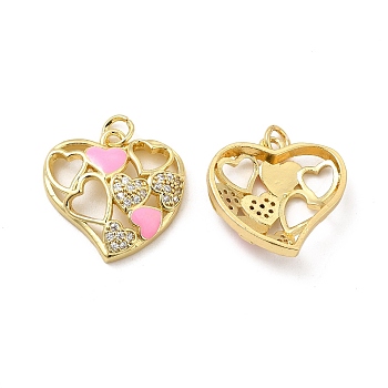 Real 18K Gold Plated Brass Micro Pave Clear Cubic Zirconia Pendants, with Jump Ring & Enamel, Hollow Asymetrical Heart Charm, Pink, 20x20x5mm, Hole: 3.5mm