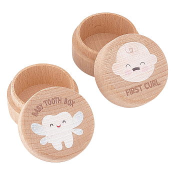 2Pcs 2 Styles Round Wood Deciduous Teeth Storage Boxes, My First Tooth Keepsake Case, for Baby Shower Gift, BurlyWood, 5.15x3.6cm, 1pc/style
