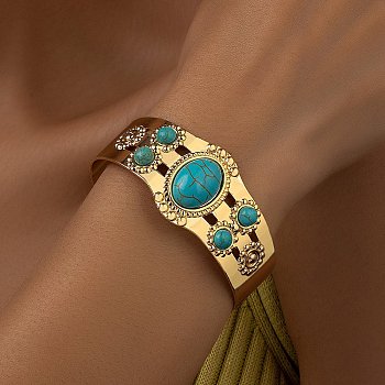 Resin Oval Beaded Open Cuff Bangle, Light Gold Iron Jewelry for Women, Turquoise, Inner Diameter: 2x2-5/8 inch(5x6.55cm)