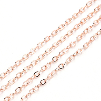 Brass Cable Chains, Soldered, with Spool, Flat Oval, Rose Gold, 3.2x2.5x0.4mm, Fit for 0.8x5mm Jump Rings, about 32.8 Feet(10m)/roll