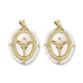 Brass Pave Shell Pendants, Oval Charms with Glass Beads Wrapped and ABS Imitation Pearl Beads, Real 18K Gold Plated, White, 31~32x23.5x4.5mm, Hole: 3.5x4.5mm