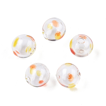 Transparent Handmade Blown Glass Globe Beads, Wave Point Pattern, Round, Orange, 13.5~14.5x14~15mm, Hole: 1~2mm