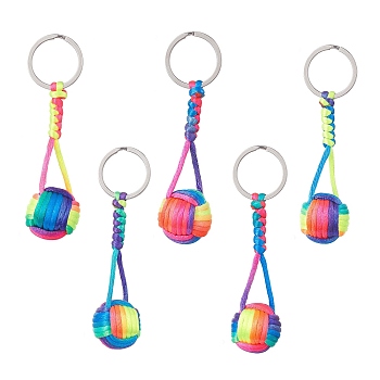 Nylon Braided Ball with Wood Round Keychains, with 304 Stainless Steel Findings, Colorful, 8.95~9cm