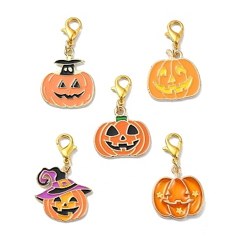 5Pcs 5 Styles Halloween Pumpkin Alloy Enamel Pendant Decorations, Lobster Clasp Charms for Bag Ornaments, Orange, 34mm, 1pc/style