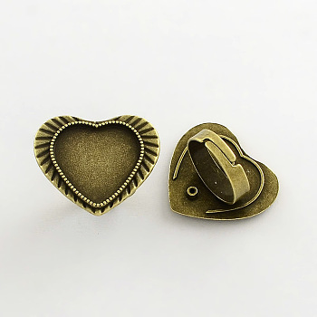 Vintage Adjustable Iron Finger Ring Components Alloy Cabochon Bezel Settings, Lead Free & Cadmium Free & Nickel Free, Antique Bronze, 17x5mm, Heart Tray: 19x20mm
