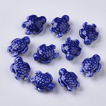 Handmade Porcelain Beads, Bright Glazed Porcelain Style, Tortoise, Blue, 19x15x8.5mm, Hole: 2mm