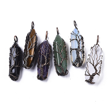 Natural & Synthetic Mixed Gemstone Big Wire Wrapped Pendants, with Brass Wires, prismatic with Tree of Life, Red Copper, 48~62x14~17x13~18mm, Hole: 4x5~6mm