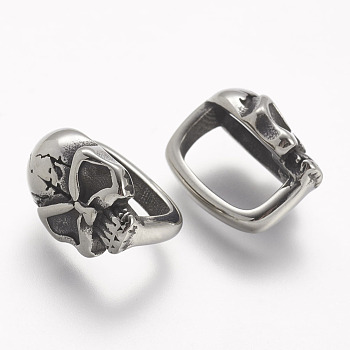 304 Stainless Steel Slide Charms, Skull, Antique Silver, 15.56x10.6x12.42mm thick, Hole: 6.6x12mm