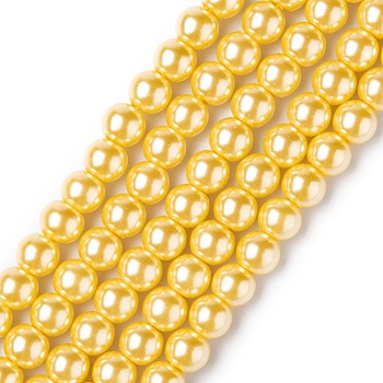 Eco-Friendly Grade A Glass Pearl Beads, Pearlized, Round, Gold, 6mm, Hole: 1.2~1.5mm, about 68pcs/Strand, 16''(40.64cm)
