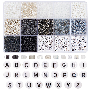Elite DIY Beads Jewelry Making Finding Kit, Including Glass Seed Round & Acrylic Letter Beads, Black and White, 3~4x2~3mm