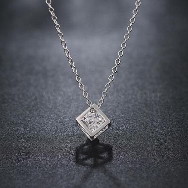 Silver Color Plated Brass Cubic Zirconia Cube Pendant Necklace(NJEW-BB00455)-3