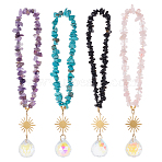 4Pcs Glass Round Car Pendant Decorations, with Natural Obsidian & Rose Quartz & Amethyst & Synthetic Turquoise Chips and Brass Charms, 175mm(HJEW-OC00277)