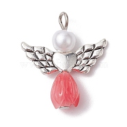 Resin Imitation Pearl Pendants, Rose Angel Charms with Antique Silver Plated Alloy Heart Wings, Pink, 23.5~24x21.5x7mm, Hole: 1.8~2.2mm(PALLOY-JF02566-08)