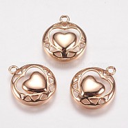 Brass Pendants, Flat Round with Heart, Rose Gold, 17.5x14.5x3.5mm, Hole: 1.5mm(KK-E735-06RG)