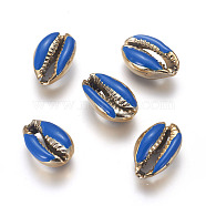 Electroplated Cowrie Shell Beads, with Enamel, Undrilled/No Hole Beads, Golden, Blue, 18~22x13~15x7~8mm(BSHE-G019-01G-G)