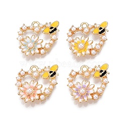 Rack Plating Alloy Enamel Pendants, with ABS Imitation Pearl, Cadmium Free & Nickel Free & Lead Free, Light Gold, Heart with Flower & Bee Charm, Mixed Color, 19x20x4mm, Hole: 1.8mm(ENAM-N056-407)