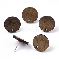 Walnut Wood Stud Earring Findings, with 304 Stainless Steel Pin, Flat Round, Coconut Brown, 15mm, Hole: 1.8mm, Pin: 0.7mm(X-MAK-N033-008)